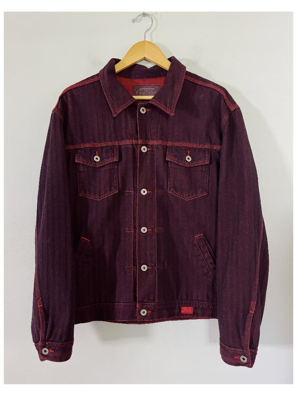 VTG Guess Jeans Sz L Oxblood Garment Dyed Shadow Stripe Denim Jacket